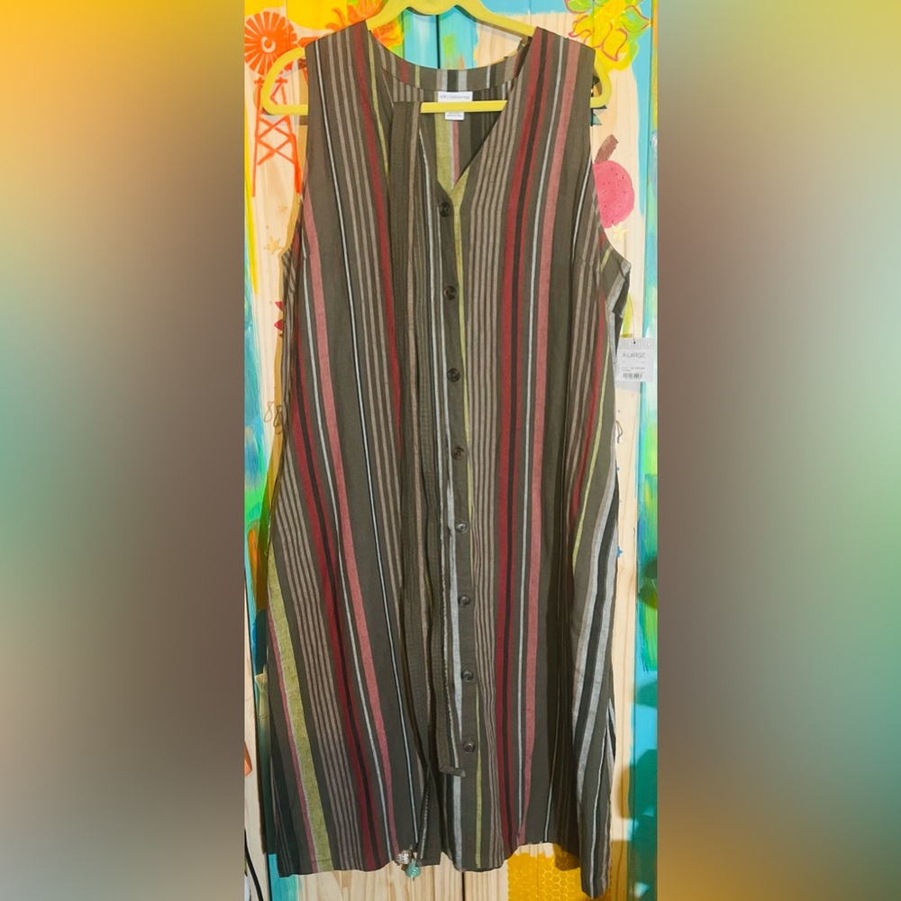 Liz Claiborne Olive, Red, Pink and Black Striped Sleeveless Button Dress